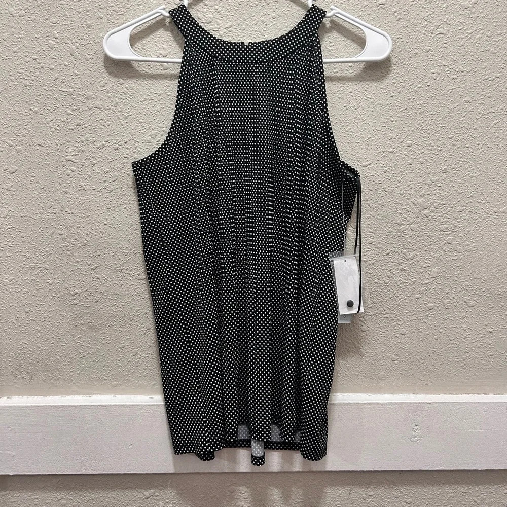 Joan Vass Black with White Polka Dots Halter Neck Pleated Sleeveless Top NWT XS